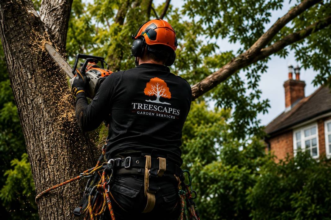 Arborist making a fallen tree safe after a storm in Hertfordshire.