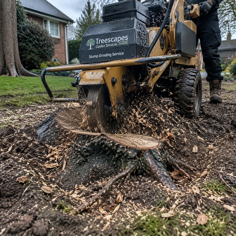 Treescapes stump grinding machine clearing a tree stump in a garden