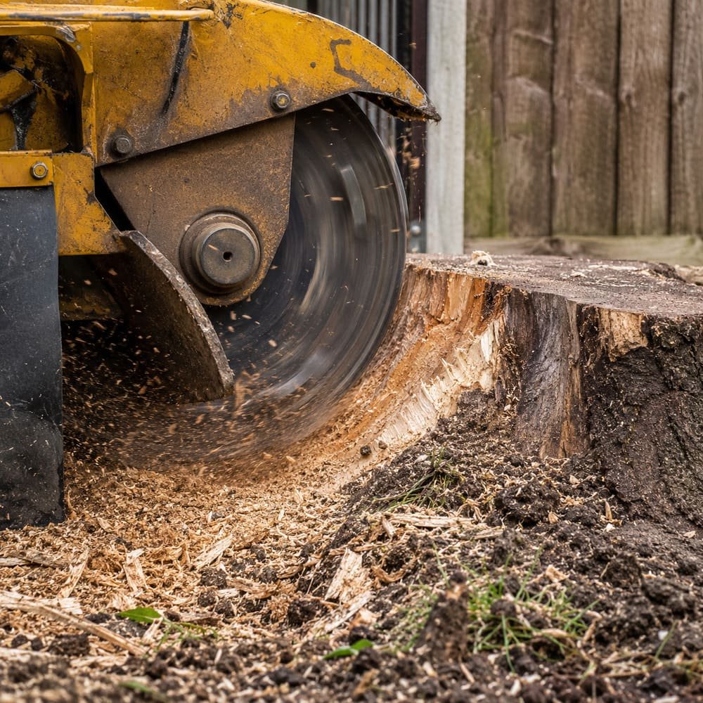 Stump grinder clearing a tree stump in a North Hertfordshire garden.