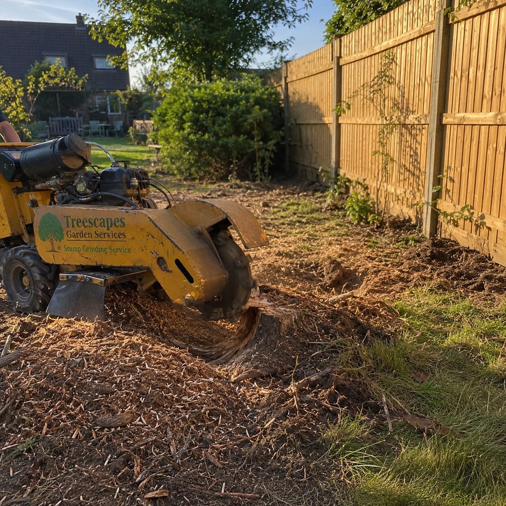 Treescapes stump grinding machine clearing a tree stump in a garden