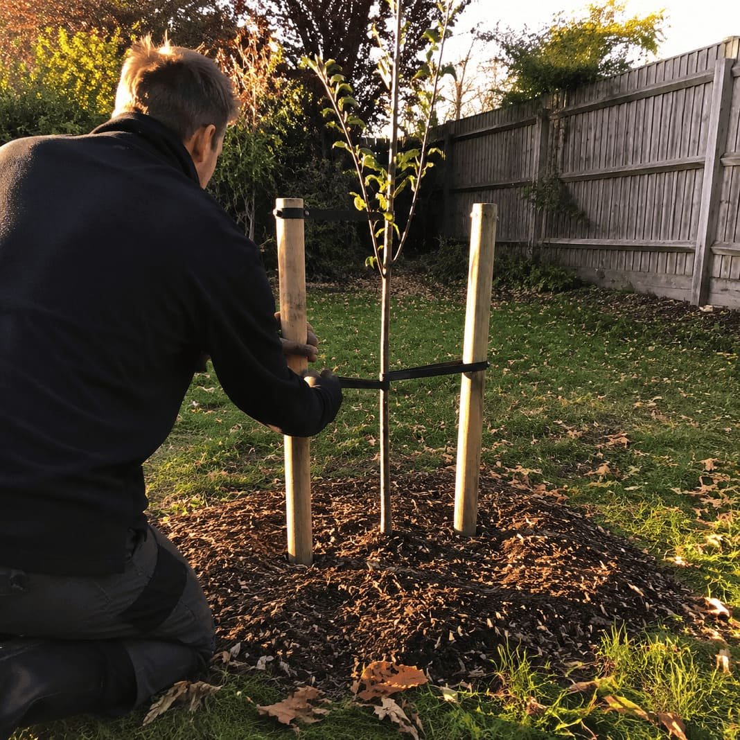 Tree surgeon planting a young garden tree with care.