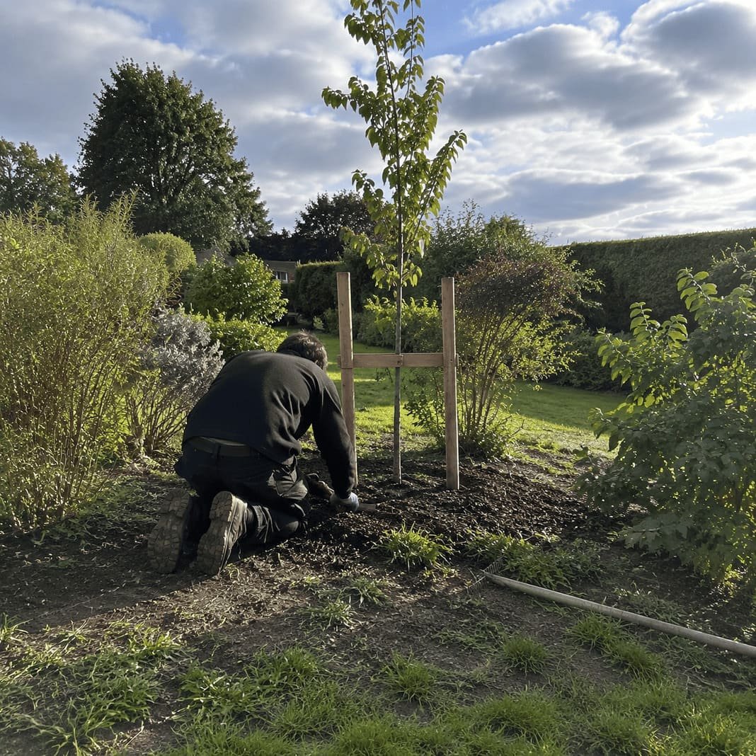 Newly planted garden tree in a North Hertfordshire garden.
