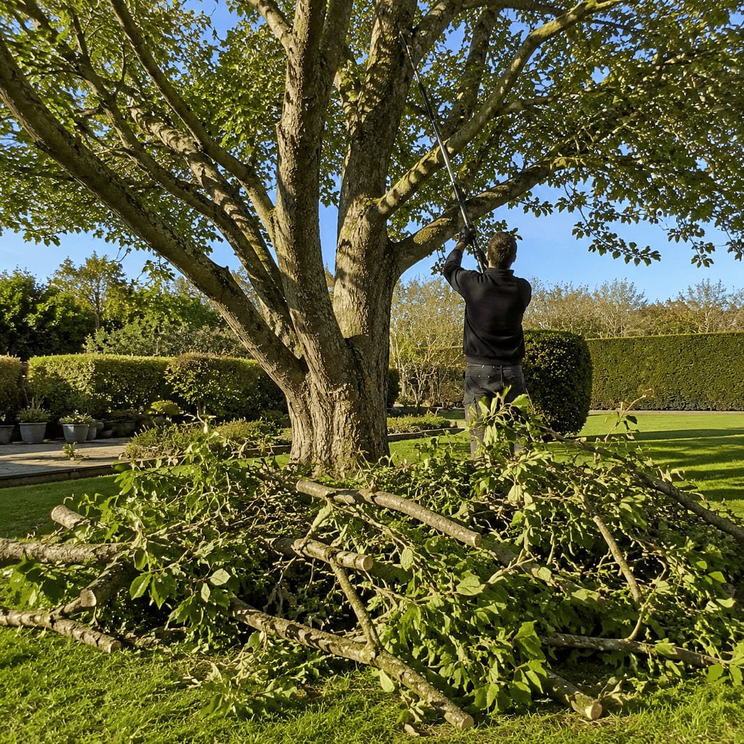 Qualified arborist pruning a garden tree in North Hertfordshire.