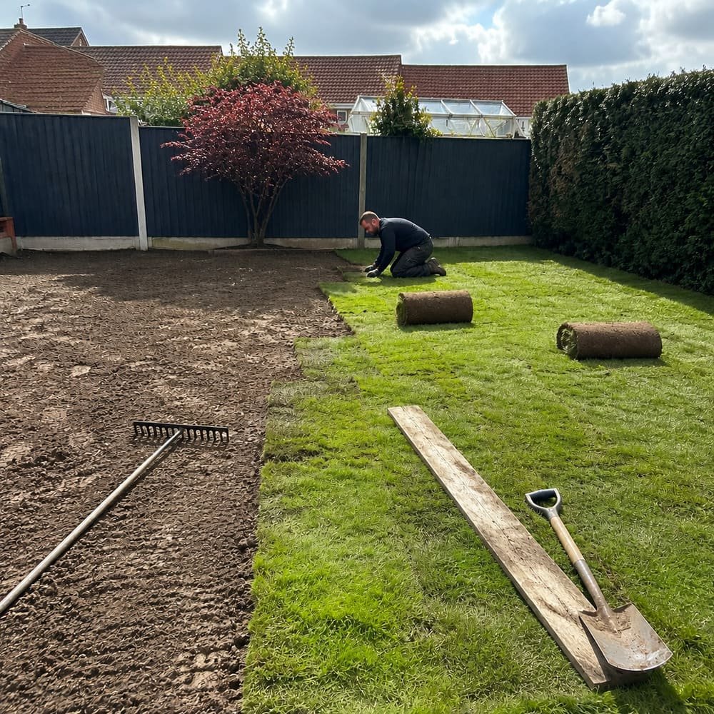 Freshly laid lawn turf in a North Hertfordshire garden.