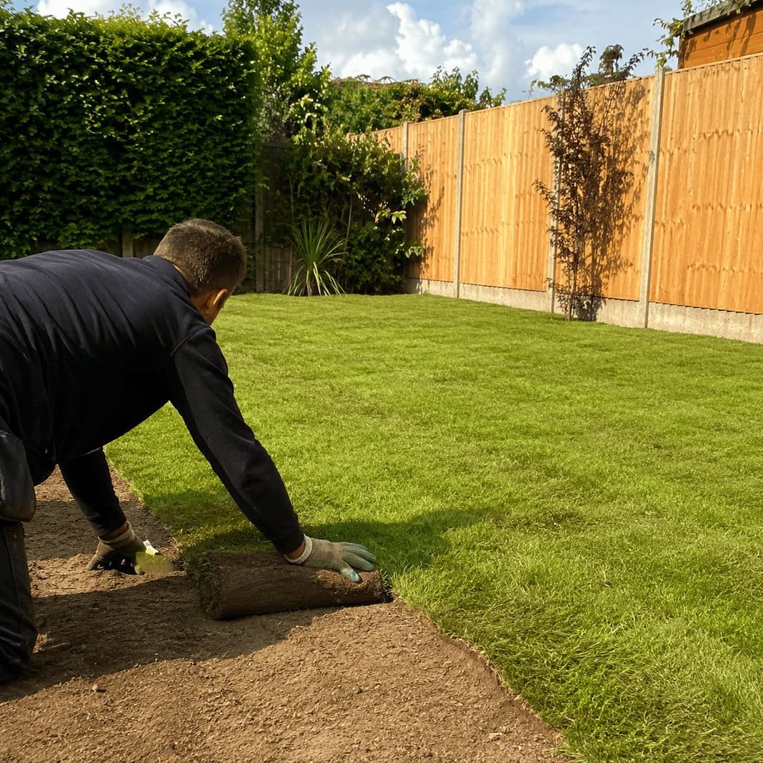 A photo of a gardener laying down turf.