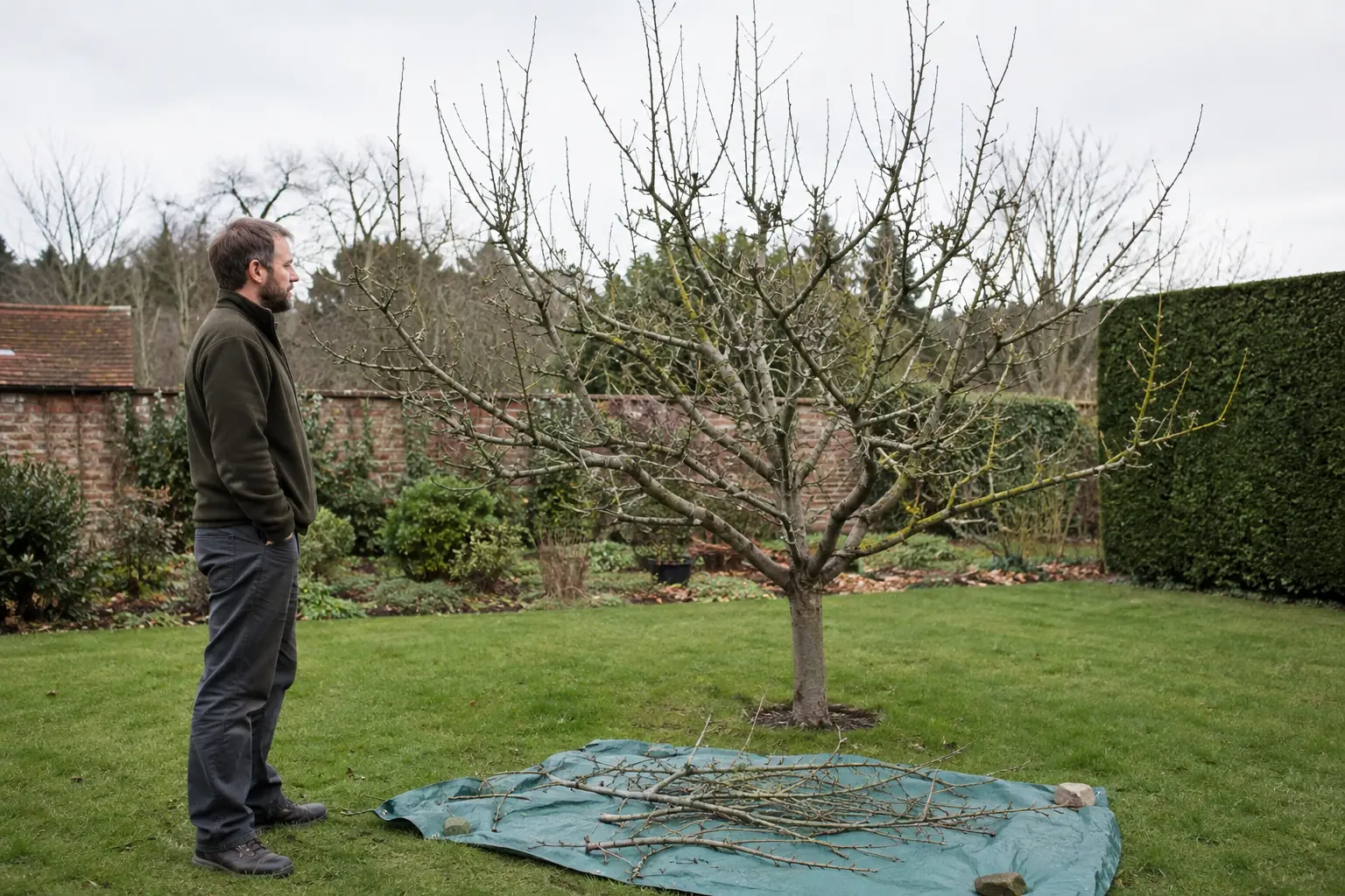Homeowner checking the balanced crown after carefully pruning a small apple tree
