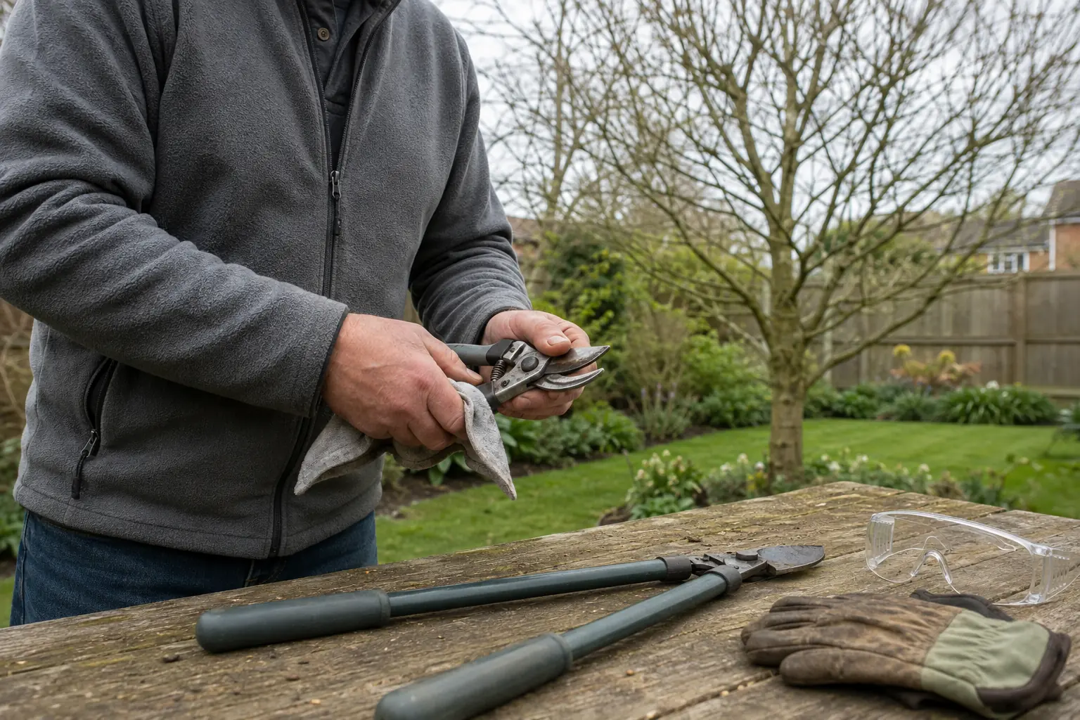 Preparing clean secateurs and loppers before pruning a small garden tree